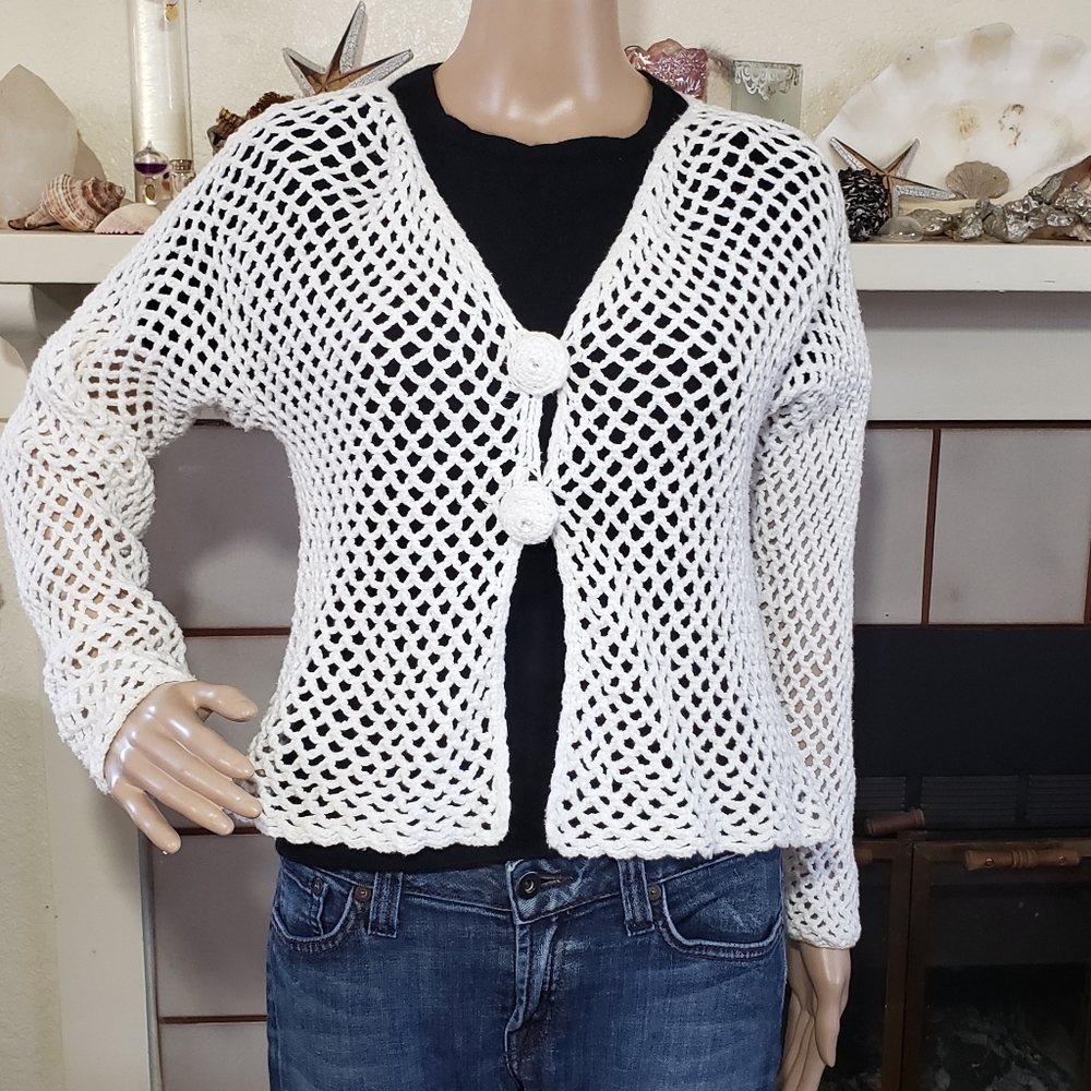 PURE Handknit White Cardigan Size S M Cotton